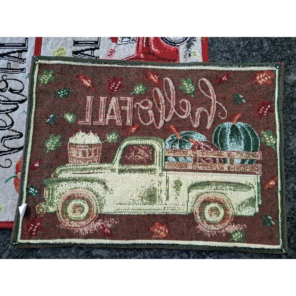 Tapestry Placemat Lot of 5 Red Truck Pumpkin Holiday Fall Autumn Harvest